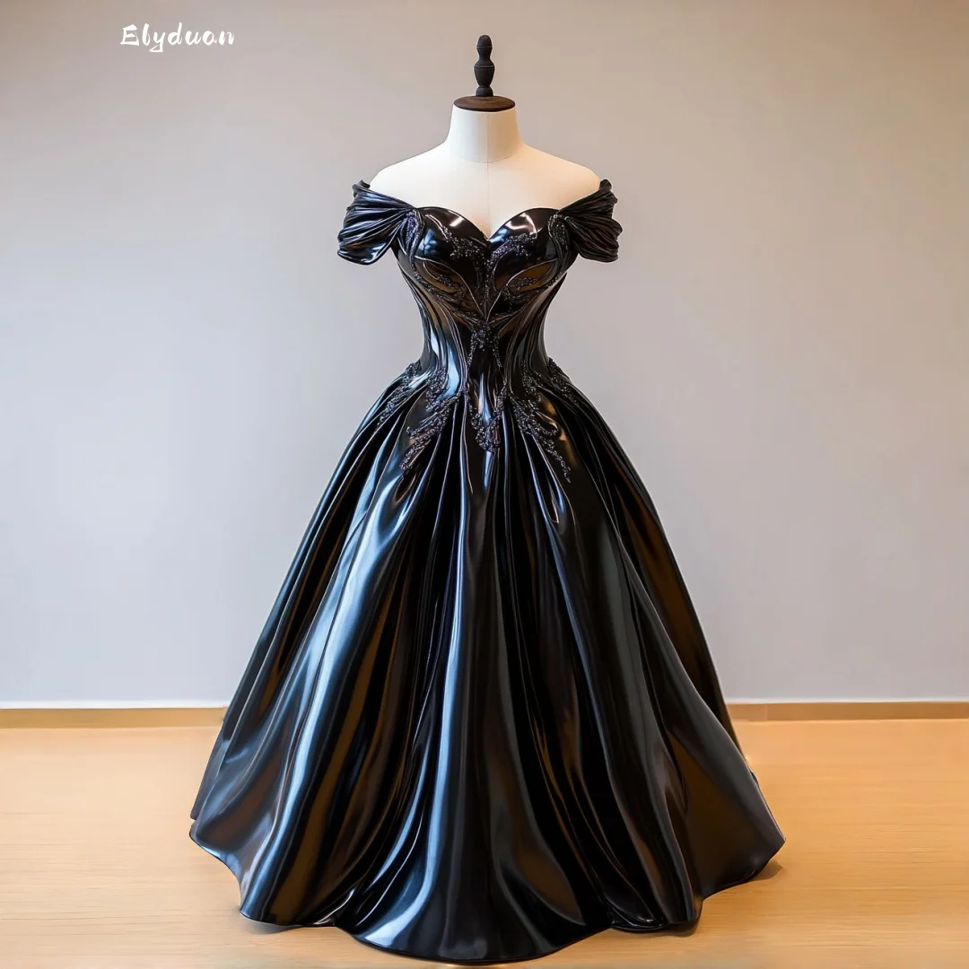 Black Shiny PVC Off Shoulder Wedding Dress Beaded Appliques Corset Floor Length Women Cosplay Party Costume Customized