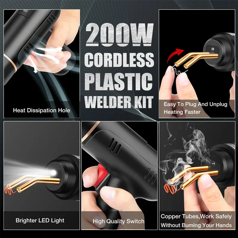 200W Cordless Plastic Welder Gun Kit 200/1000pcs Welding Nail USB Charge Portable For Repair Car Bumper Most Plastic Crack