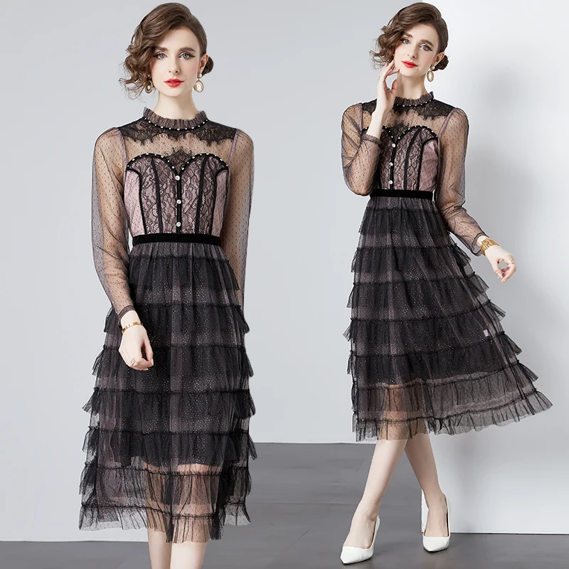 

Spring New Diamond Embedding Lace Sweet Cake Skirt Ruffled Collar Waist Closing Slim Mid Length Dress For Women