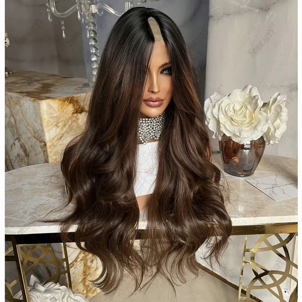 28 Zoll lange gewellte Echthaar-Perücke, 1x4 Größe, U-Part-Perücke für schwarze Frauen, schokoladenbraunes Ombre, klebefreie V-Part-Perücke mit Clips, verstellbar – Detail 2