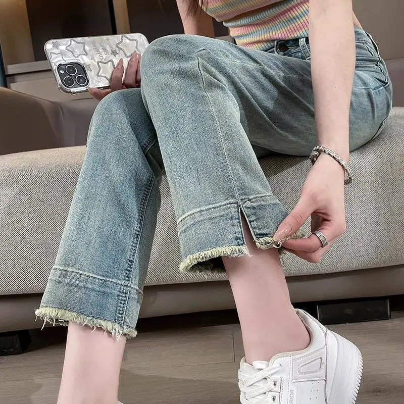 Jeans met hoge taille en rechte pijpen Dames lente herfst nieuwe Sle afslankende negen punten lichte kleur klein formaat e-buisbroek