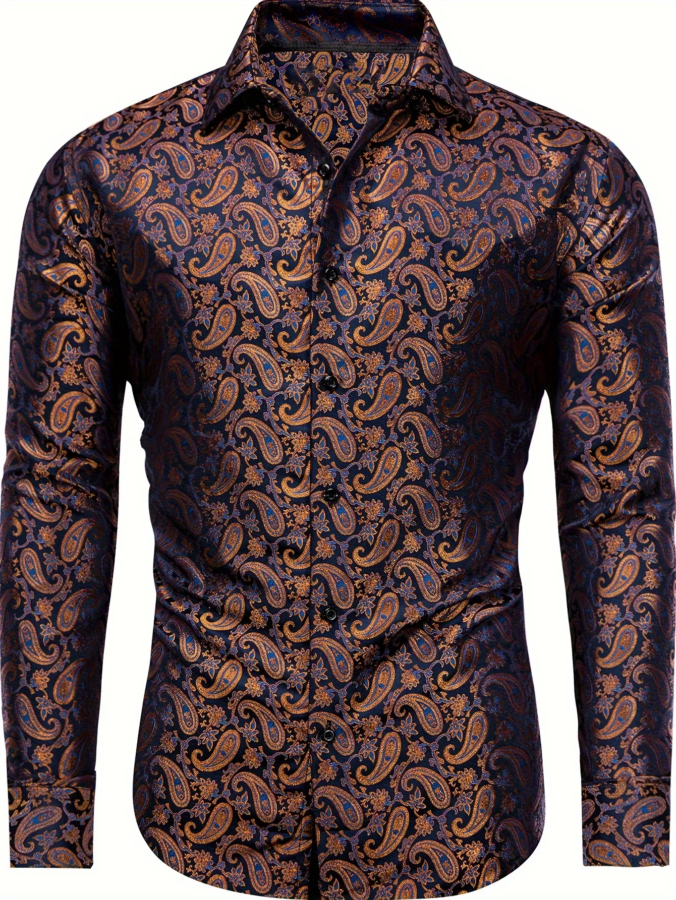 Men Luxury Golden Paisley Jacquard Print Long Sleeve Shirt Turn‑Down Collar Button‑Up Polyester Party Blouse