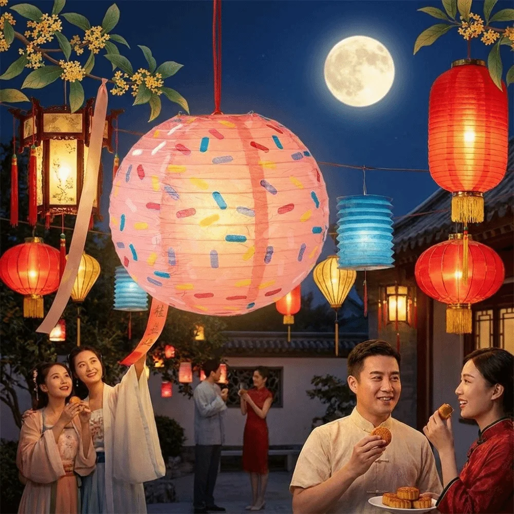 Round Foldable Colorful Lantern Handmade DIY Prop Lantern Paper Lantern Donut Design Decoration Hanging Lamp Ball Birthday