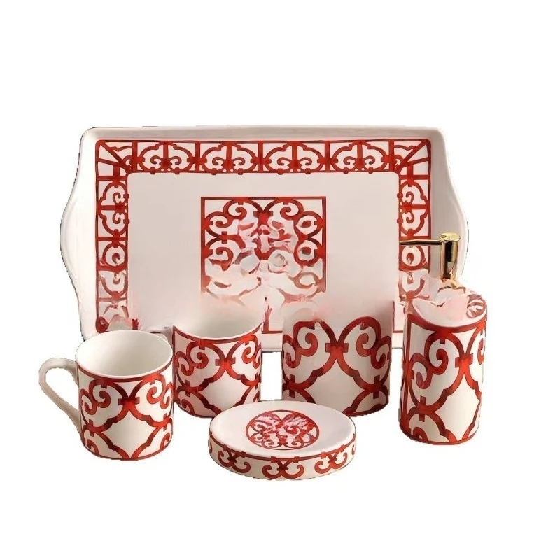

Bathroom toiletries set Ceramic six-piece set Bone china toilet Bathroom teeth Brushing mouthwash cup