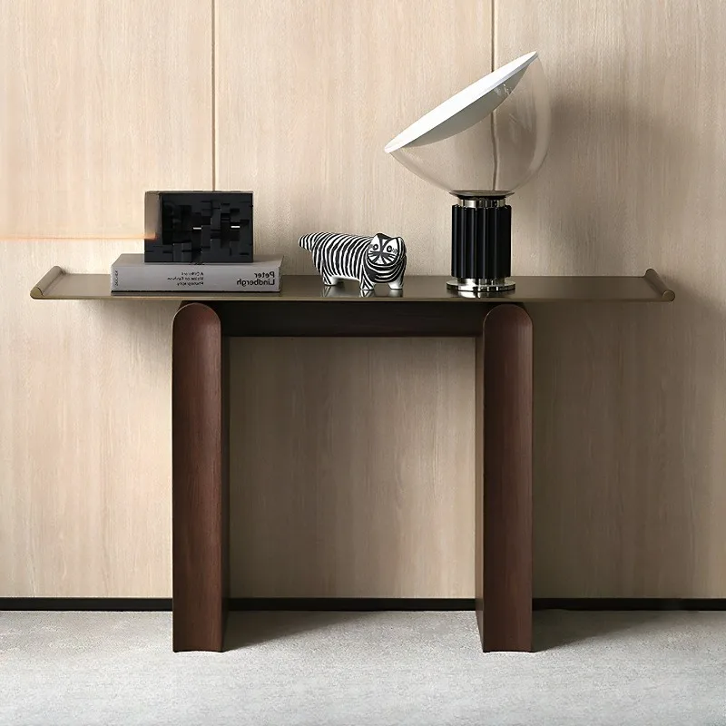 Medieval solid wood entrance table Zen high-end entrance platform foyer entrance stainless steel strip case end-view