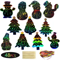 48Pcs Christmas Hanging Xmas Pendants Scratch Papers Colorful Ornaments with Ribbons for Tree Decoration Home Supplies