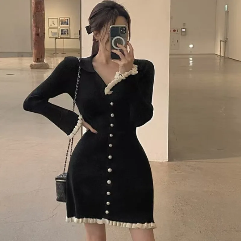 

Korean version INS small fragrant style slim fit small and stylish Polo collar knitted dress