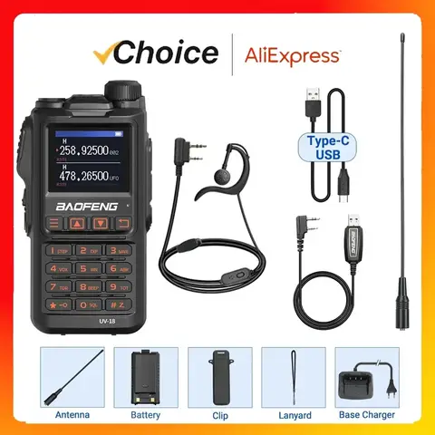 Baofeng 공식 스토어 UV-18 프로 워키토키, 5W 무선 복사 주파수 999CH NOAA 장거리 C타입 햄, 양방향 라디오 GPS 없음