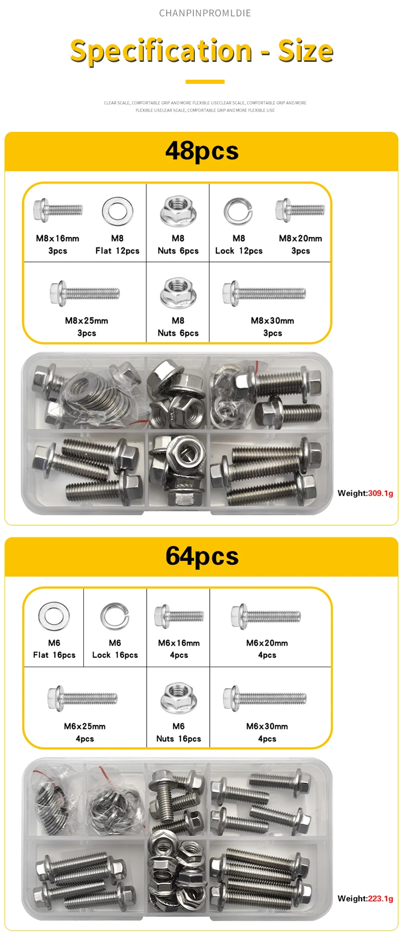 M6 M8 304-Edelstahl-Flansch, Sechskantschrauben und Muttern-Set, metrisches Gewinde, Außensechskantschraube mit flachen und Sicherungsscheiben, Sortimentsset – Detail 10