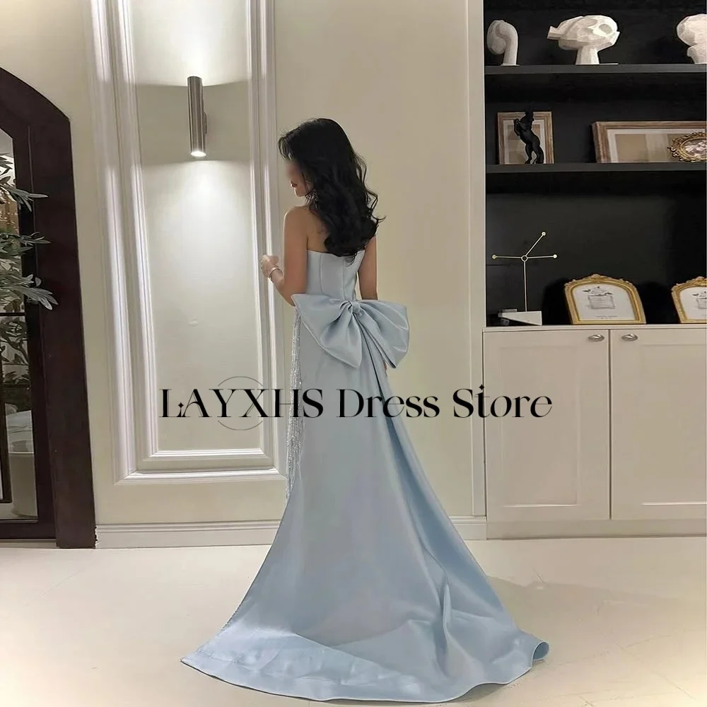 LAYXHS Luxury Blue Strapless Evening Dresses Mermaid Lace Beaded Back Bow Prom Dresses Customized فساتين سهرات