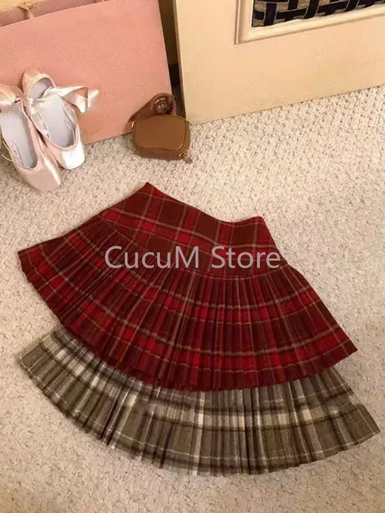 Japanese Style Retro Spicy Girl Plaid Pleated Skirt Autumn Winter College Style Woolen Mini Skirt High Waiste Sweet Kawaii Skirt