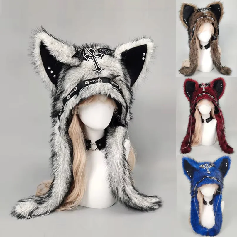 Archi Handwork Medieval Cross Fluffy Hat Headwear Punk Wolf Cat Furry Ears Plush Headgear Gothic Dark Fursuit Cosplay Props