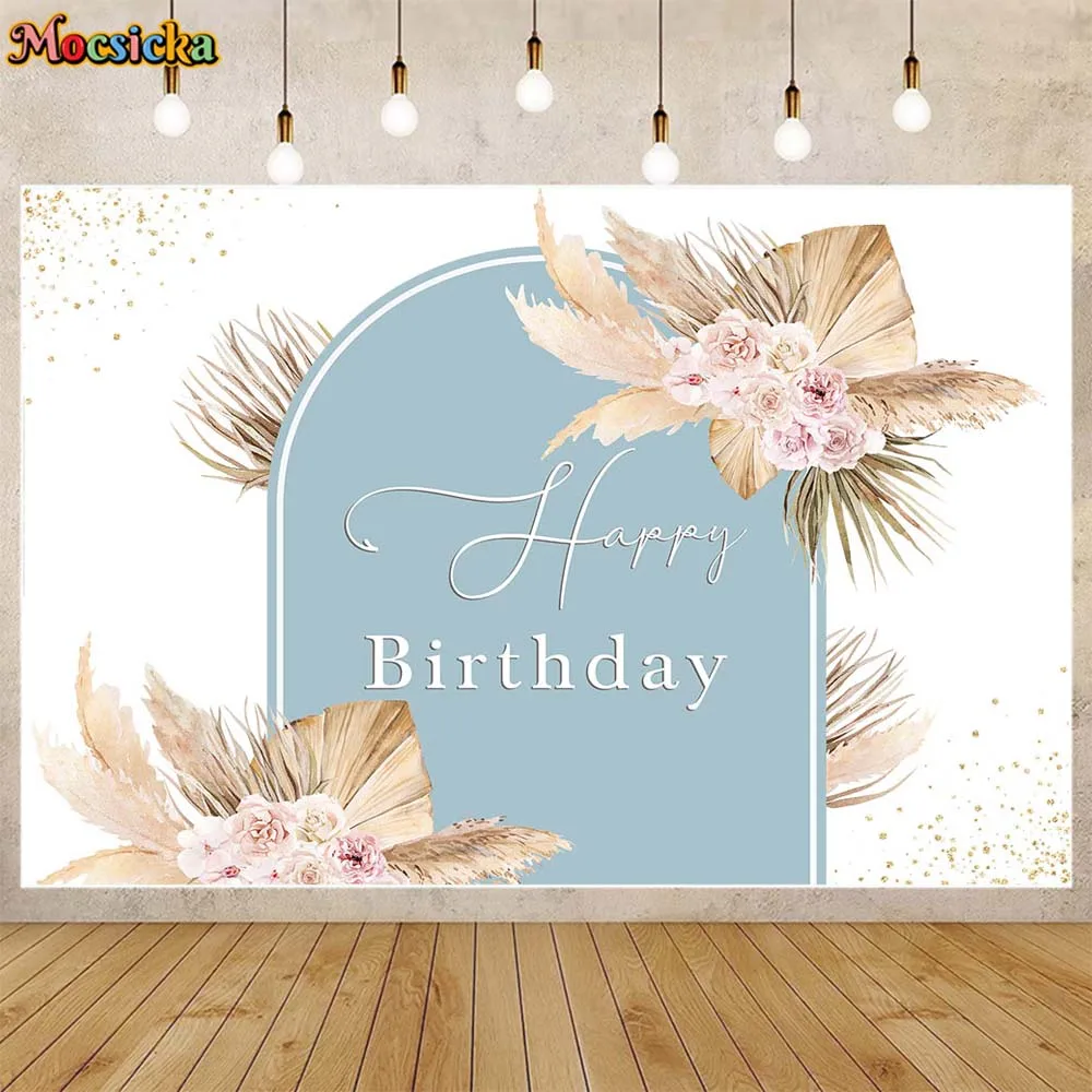 Mocsicka البوهيمي عيد ميلاد خلفية التصوير Pampas العشب بوهو الزهور الطفل الطفل حفلة عيد ميلاد خلفية ديكور اسم مخصص