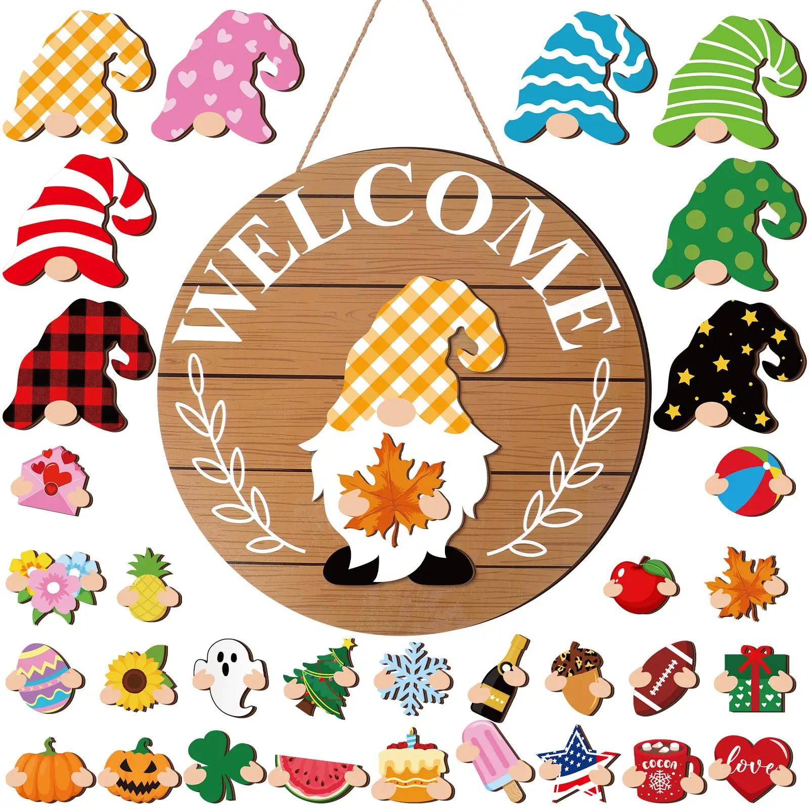 Qunclay 30 Pcs Seasonal Interchangeable Wooden Gnome Decor,Simple,Brown Magnet Pieces and Detachable Hats, Door Wall Welcome Sign,Hanging Wreath,Year-round Holidays