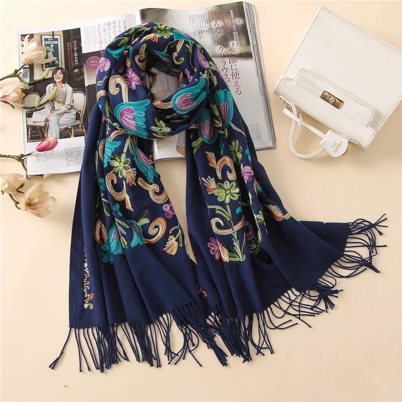 Women Cashmere Scarf Embroidery Thick Warm Shawl Winter Lady Foulard Fashion Big Size Head Wraps Pashmina 2022 New Bufanda