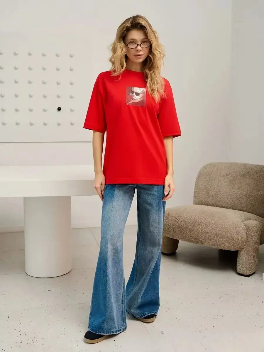 Red Heart-shaped Sunglasses with Dollar Print Cotton Short Sleeve European Woman Tshirt Loose Hip Hip Casual Top Summer 2026 New