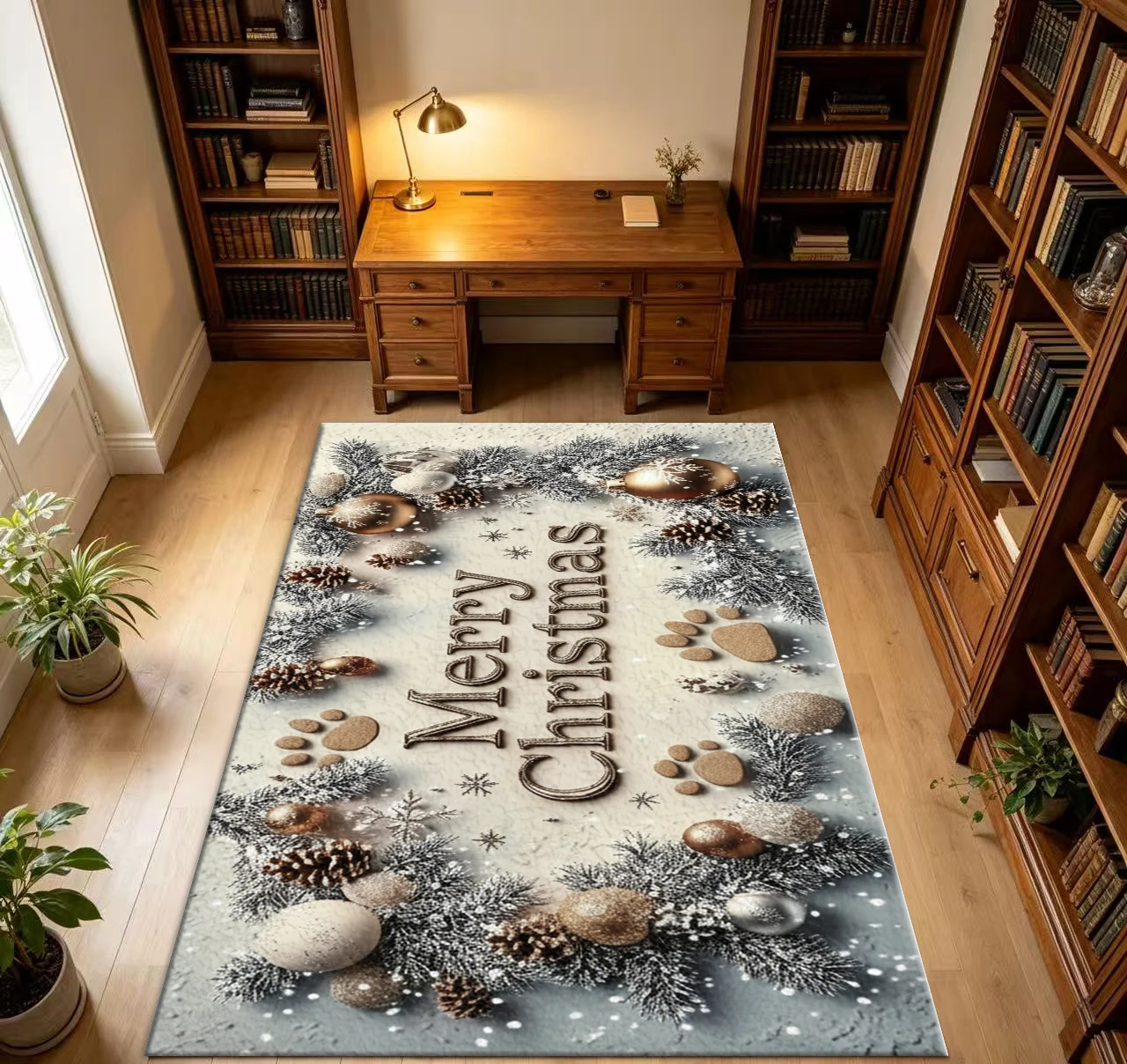 Merry Christmas Golden Ornament Pine Cone Paw Print Holiday Area Rug