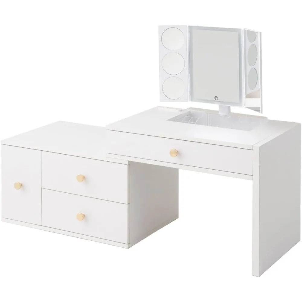

Makeup Vanities, Trifold 3 Way Makeup Mirror, LED Light and Outlets, Extendable Vanity Table for Floor Sitting, Makeup Vanitie