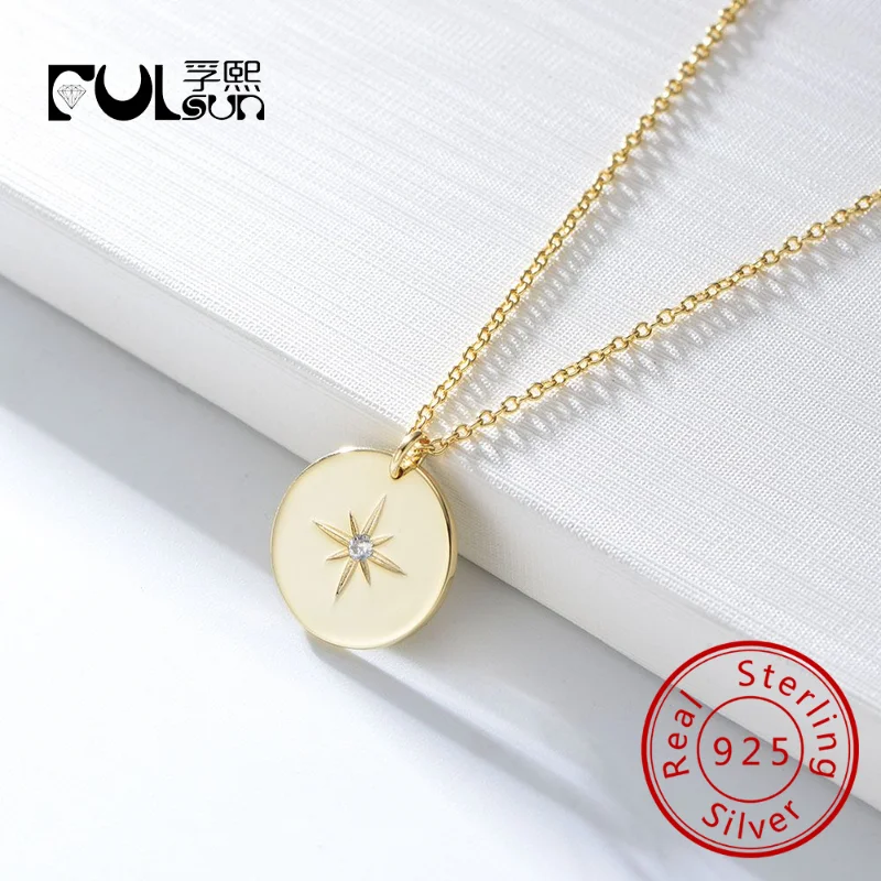 Fulsun INS 925 Silver Jewelry Round Medal Eight-pointed Star Pendant 14K Gold Plated Choker Link Chain Necklaces