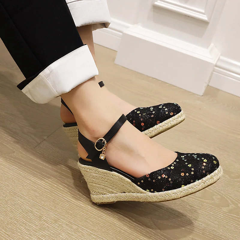 Plus Size Woman Fisherman Wedge Sandals White Black Flower Glitter High Heel Dress Party Summer Ankle Strap Platform Espadrilles