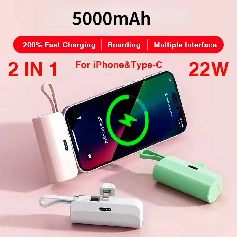 5000mAh Mini Power Bank 2 IN 1 Fast Mobile Phone Charger External Battery Power Bank Plug Play Type-C For iPhone Samsung Huawei