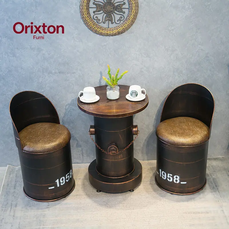 Retro industrial style bar table and chair combination hair restaurant milk tea shop casual backrest storage round stool