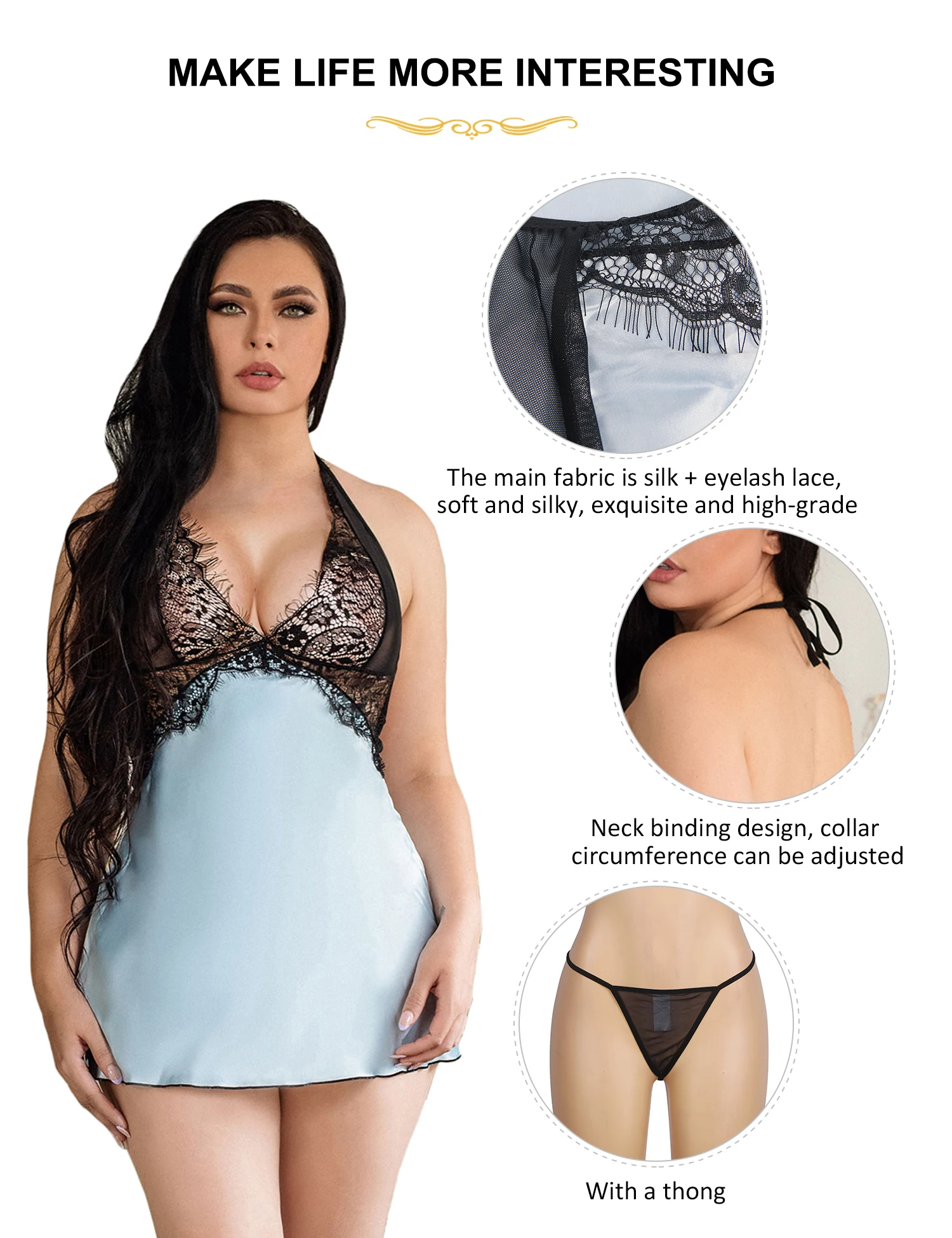 Ohyeahlady-Nuisette en dentelle florale pour femme, nuisette sexy, vêtements de nuit bleu ciel, robes à col en V, chemise de nuit grande taille, lingerie de haute qualité