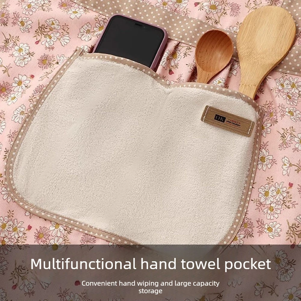 Women Princess Floral Kitchen Apron Hand-Wipe Pocket Oil-Proof Ruffle Back Tie Large Pocket Cooking Bib for Home Restaurant Use