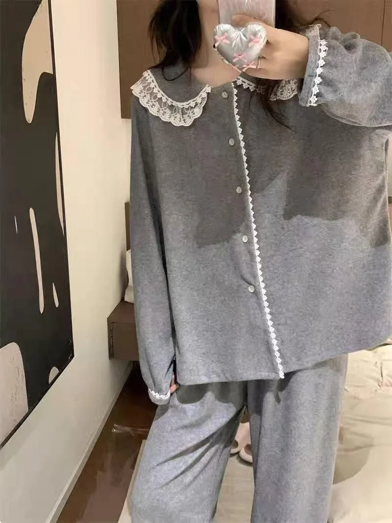 

Lace Trimmed Doll Collar Pure Color Long Sleeve Sleepwear Set Women's Home Clothes Cardigan Style Comfortable Polyester Fabric
