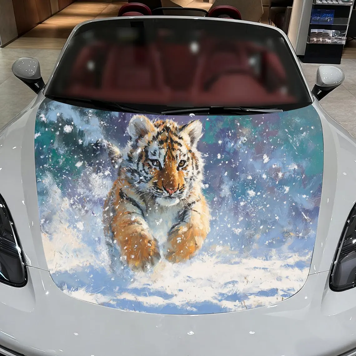 

Car Decals A Tiger Leaping Through Snowy Terrain In Dynamic Winter Scene Creation Car Hood Sticker, Waterproof Self - Adhesive V