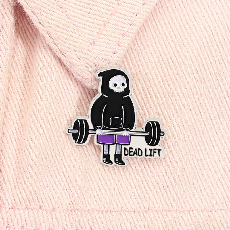 Skeleton Deadlift Weightlifting Enamel Pin Goth Halloween Gym Skeleton Fitness Workout Brooch Lapel Badge Friends Jewelry Gift