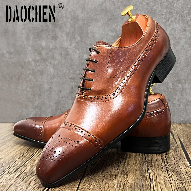 Luxury Brand Men\'s Oxford Shoes Brown Lace Up Pointed Brogues Mens Dress Formal Shoes Wedding Office Leather Men Shoes