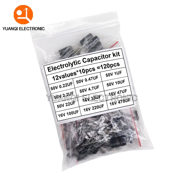 120 szt. 1 zestaw 120 szt. 12 wartości 0,22 UF-470 UF Zestaw aluminiowych kondensatorów elektrolitycznych zestaw pakiet