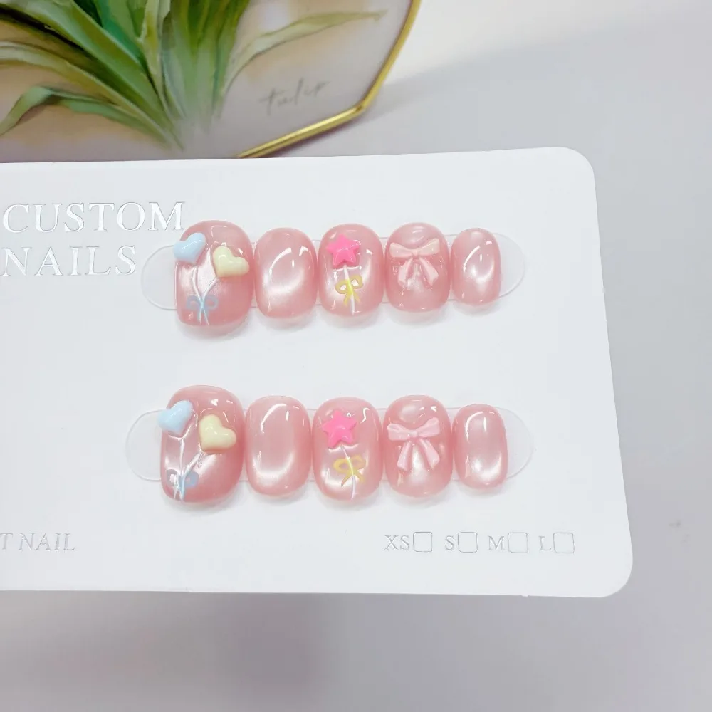 10 Pieces Sweet Cute Heart Stars Rainbow Balloons Handmade Press On Nails Pink Heart Cat Eye Fake Nails Removable Reusable