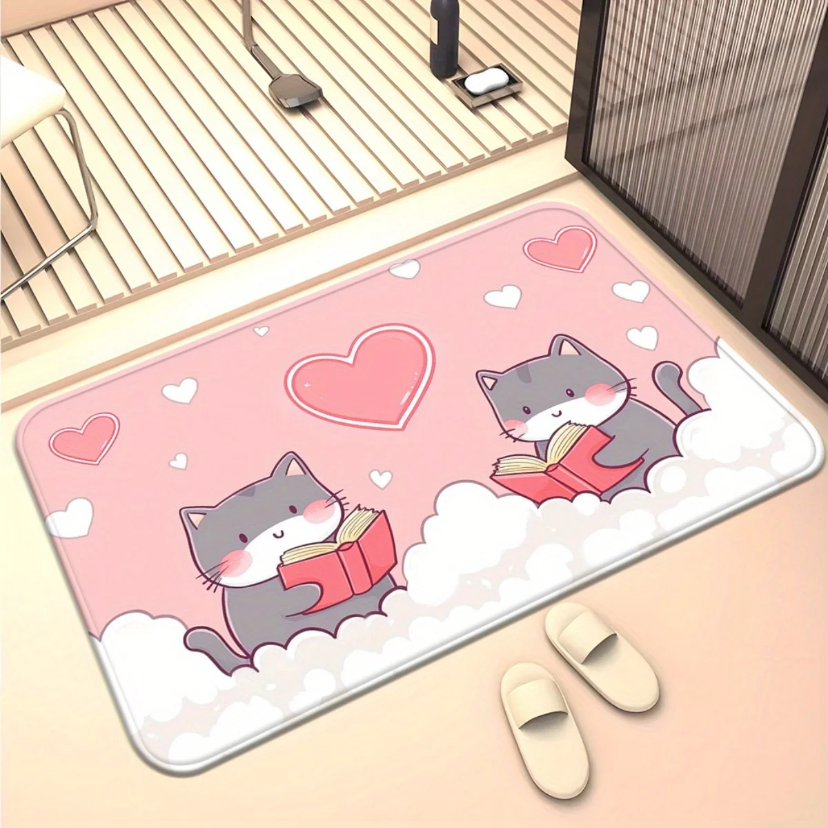 1pc Two cats reading heart-patterned doormat, machine washable polyester, suitable for bedroom and living room decoration.