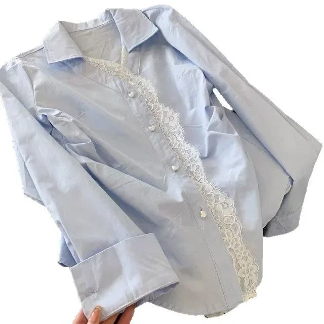 

Французская синяя женская рубашка с завышенной талией, с кружевными вставками, приталенная, с изысканным дизайном, весенняя.