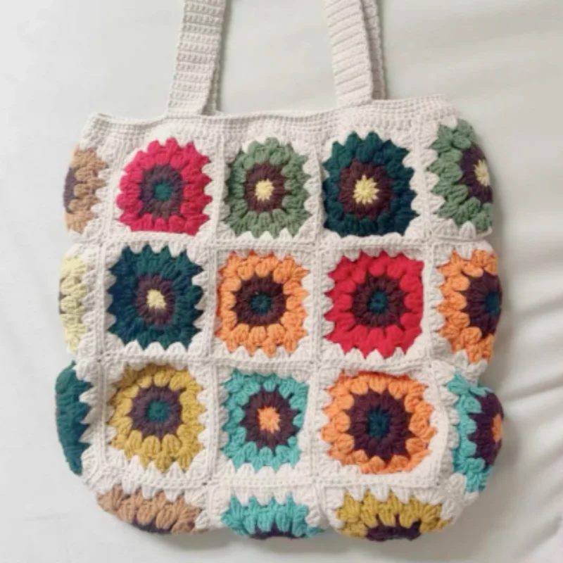 Tejiendo a mano bolsos de hombro para mujeres, bolsos de empalme de patrones sonrientes bolsos de compras de moda y ocio