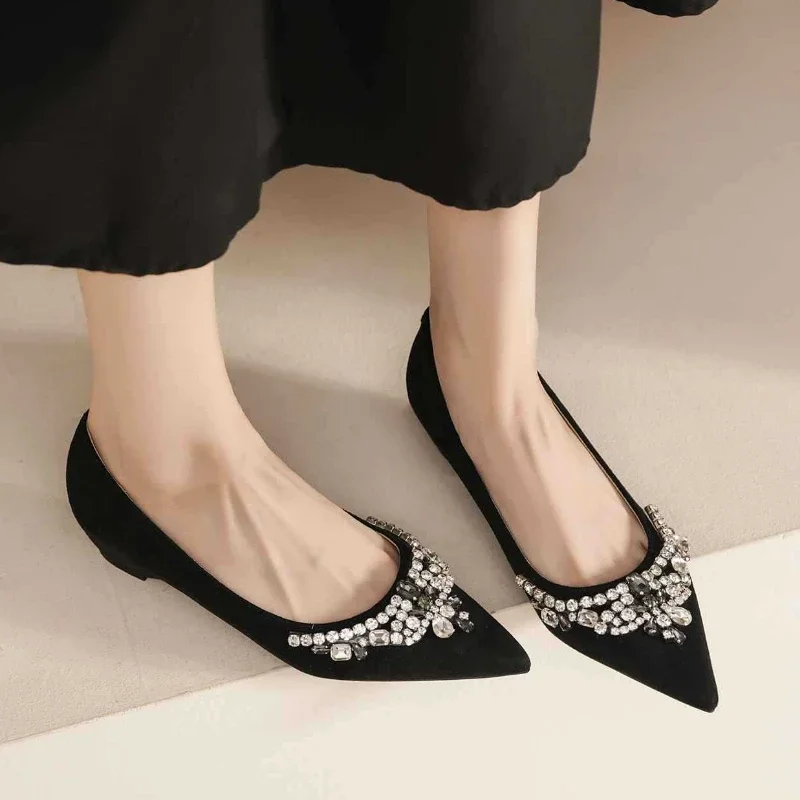Замшевая женская обувь с острым носком и бриллиантами, удобная осенне-зимняя обувь на мелком каблуке, женские модные туфли-лодочки на низком каблуке, элегантная офисная обувь