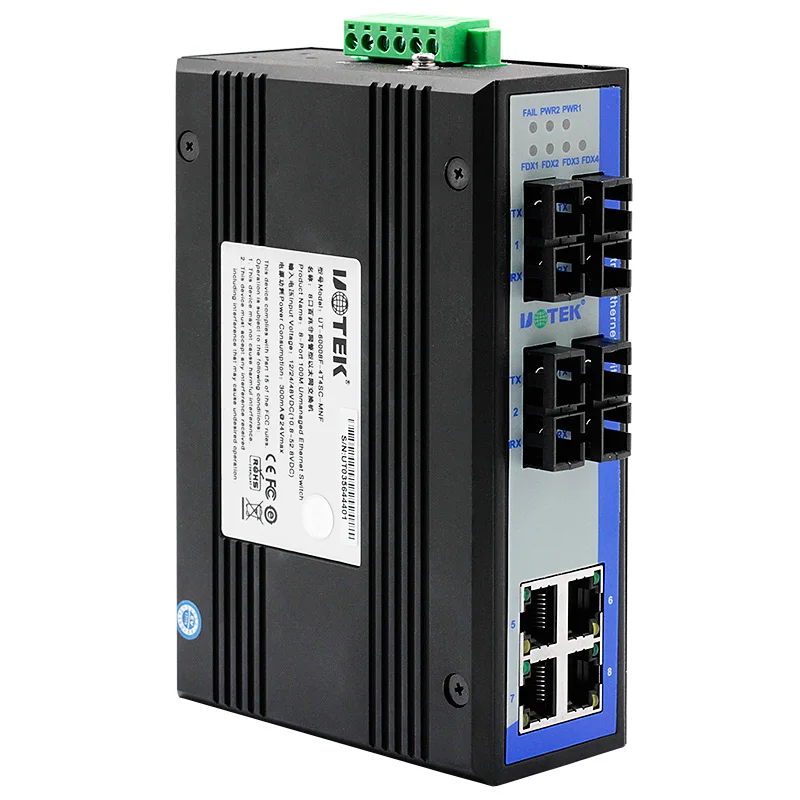 UOTEK 4 Ports 10/100M RJ45 2 Layer Unmanaged Industrial Ethernet Switch 4 Fiber SC DIN-Rail UT-60008F-4T4SC-MNF