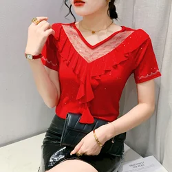 #5456 Black Red Green Mesh T Shirt Women Hollow Out Ruffles Tight Stretch Tshirt Short Sleeve Sexy Streetwear Tee Thin V-neck