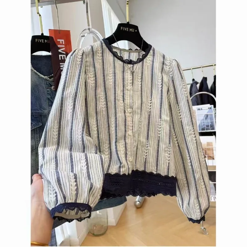 Women'S Long-Sleeved Shirt Fashionable Vintage Stripes French Style Autumn Ladies Clothes Lace Trim T-Shirts Y2k Cropped Tops