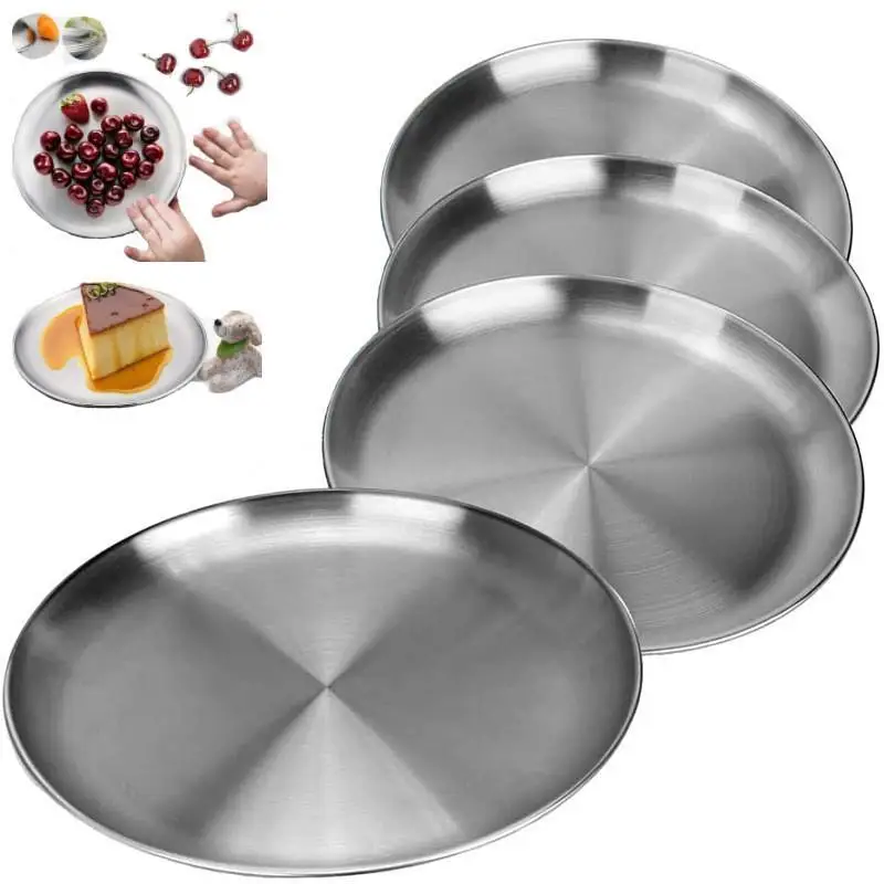 2 Pcs Stainless Steels Round Silver Shallow Tray Plate Rust-Proof 14/17/20/23/26/30cm Camping Plate BBQ Picnic Dishes Cookware