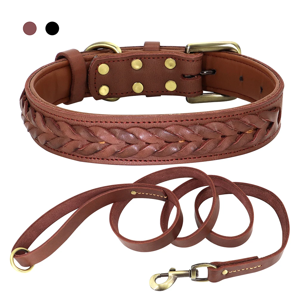 

Cow Leather Dog Collar Leash Genuine Leather Big Dog Collars Lead Braided Pet Collars For Medium Large Dogs German Shepherd