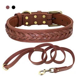 Cow Leather Dog Collar Leash Genuine Leather Big Dog Collars Lead Braided Pet Collars For Medium Large Dogs German Shepherd