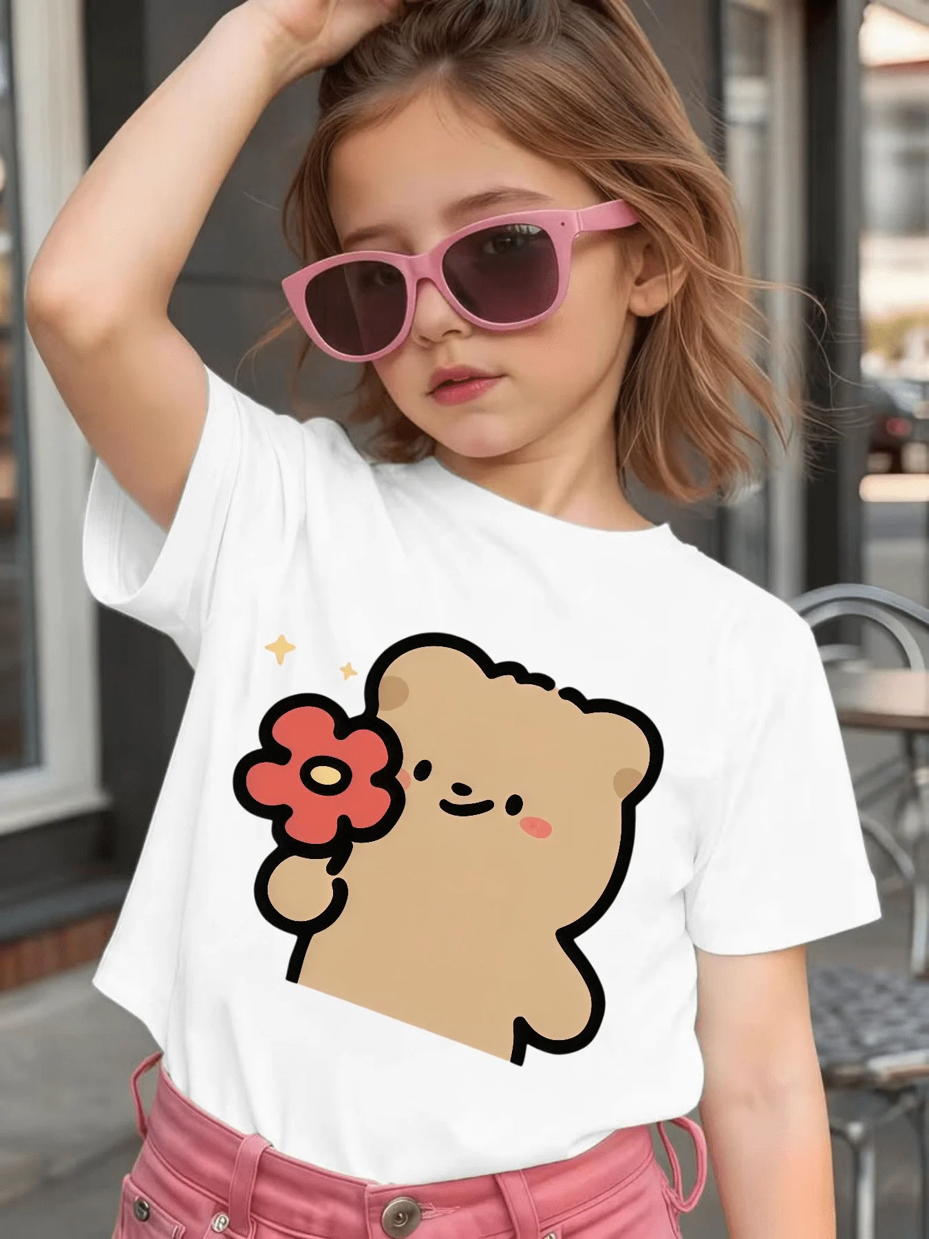 Flower Bear Cartoon Print Kids T Shirt Cotton Short Sleeve Boys Girls Parent Child Matching Sweet Summer Casual Daily Tees