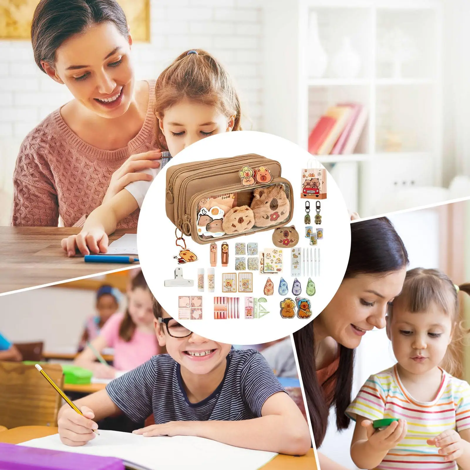 กระเป๋าใส่เครื่องเขียนลายคาปิบาร่าสุดน่ารัก ชุดเครื่องเขียนความจุเยอะ สำหรับใช้ในห้องเรียน สำนักงาน และมหาวิทยาลัย