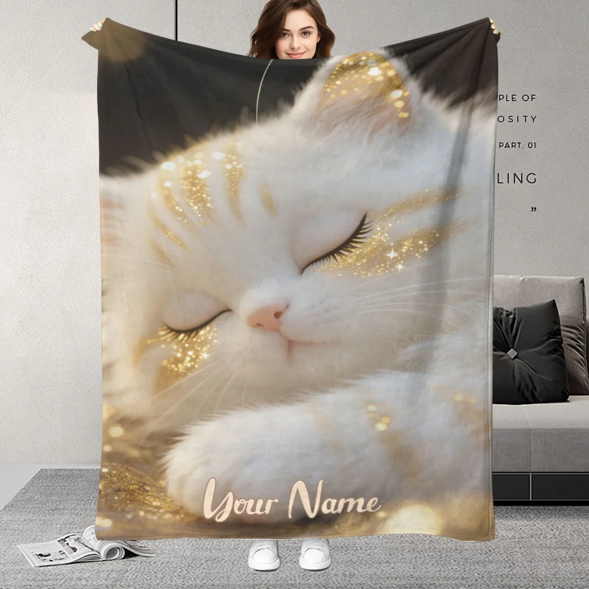 

Одеяло с рисунком мечтательной кошки на заказ, потрясающий белый кот с изображением золотых блесток, подарок на день рождения идеально подходит для близких