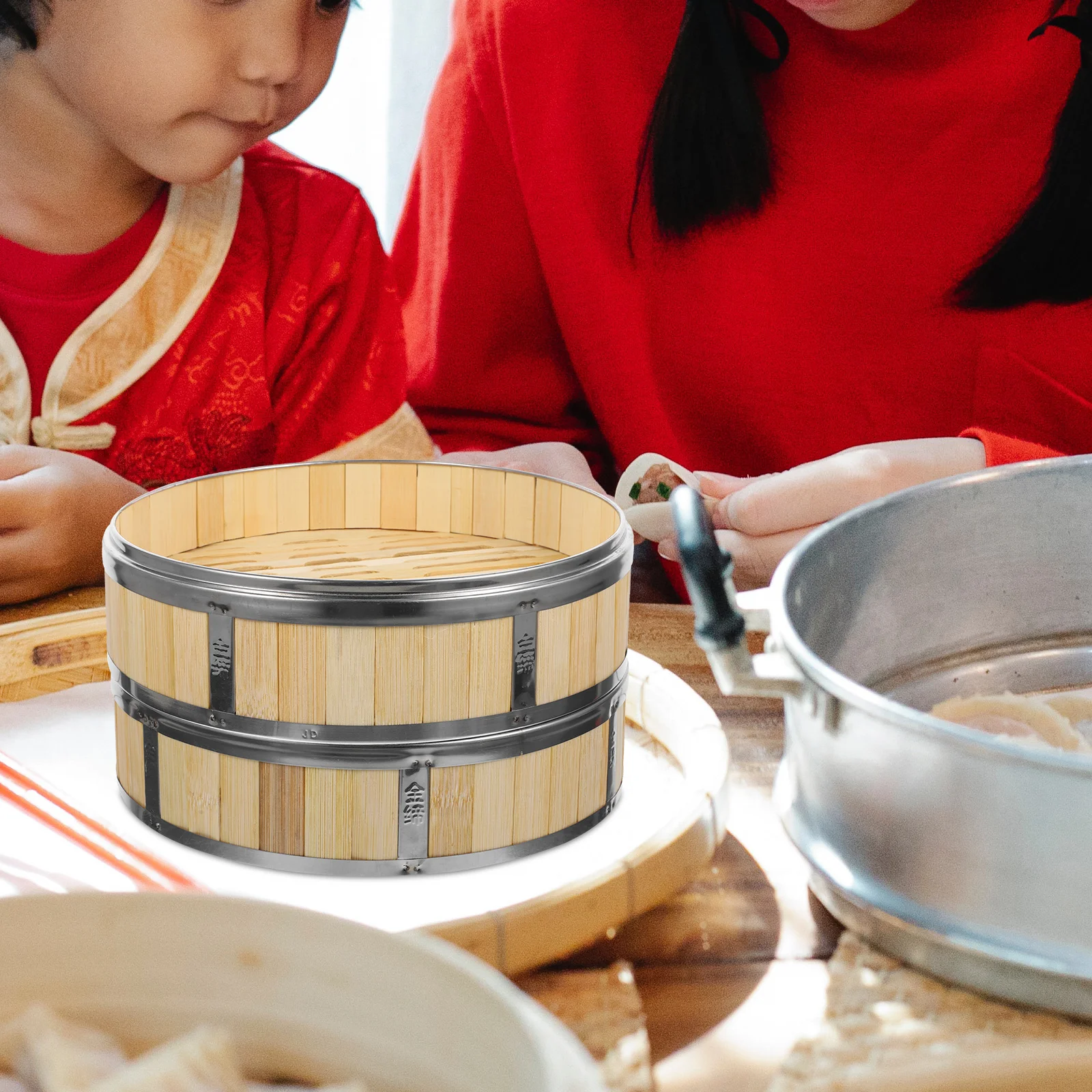 

1Set Bamboo Steamer Basket Metal Edges Steam Cover High Temperature Resistant Household Multi-Use Food Steamer Bun