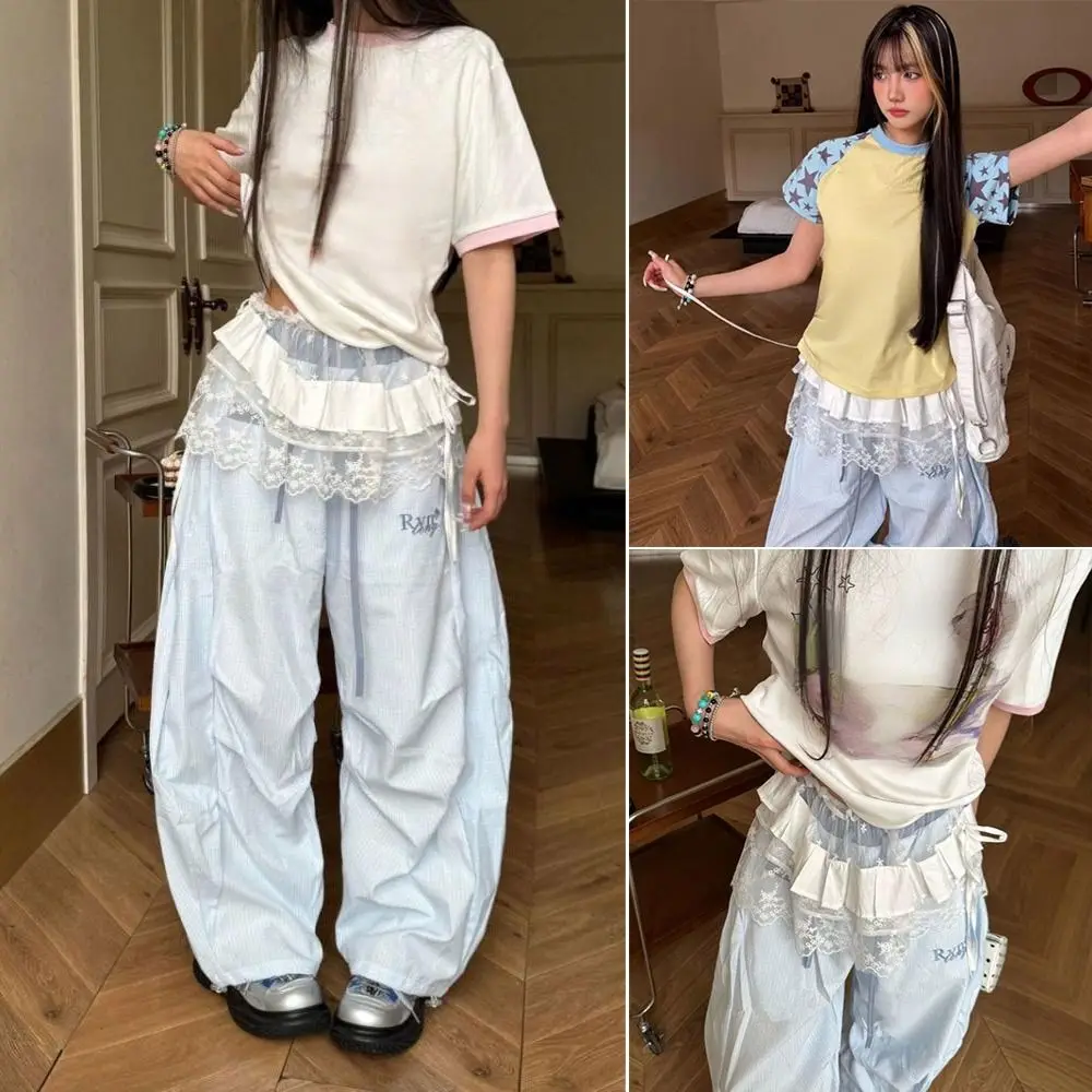 تنورة قصيرة جديدة مطرزة بالزهور من الدانتيل Y2K ملابس الشارع الشهير Harajuku تنورة مكشكشة بأربطة شفافة تنانير جينز مزخرفة