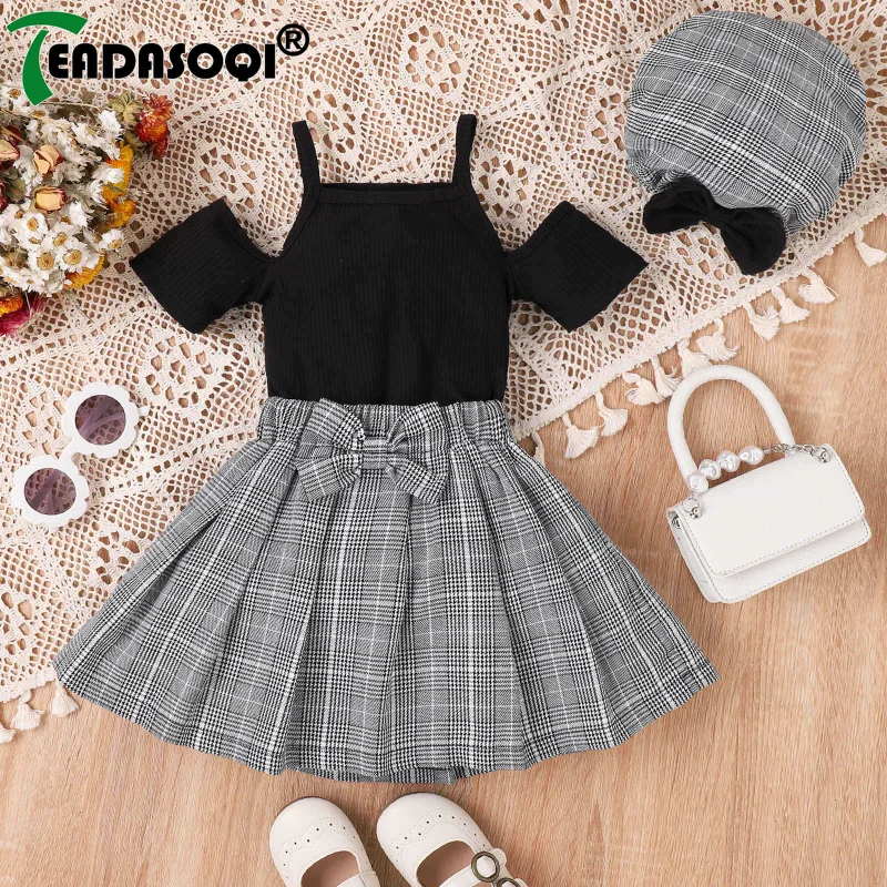 4-7Y Kids Girls Summer Clothes Outfits Short Sleeve Off-Shoulder Sling Knit Rib Tops+Bow Plaid Pleated Skirts+Beret Cap 3Pcs Set